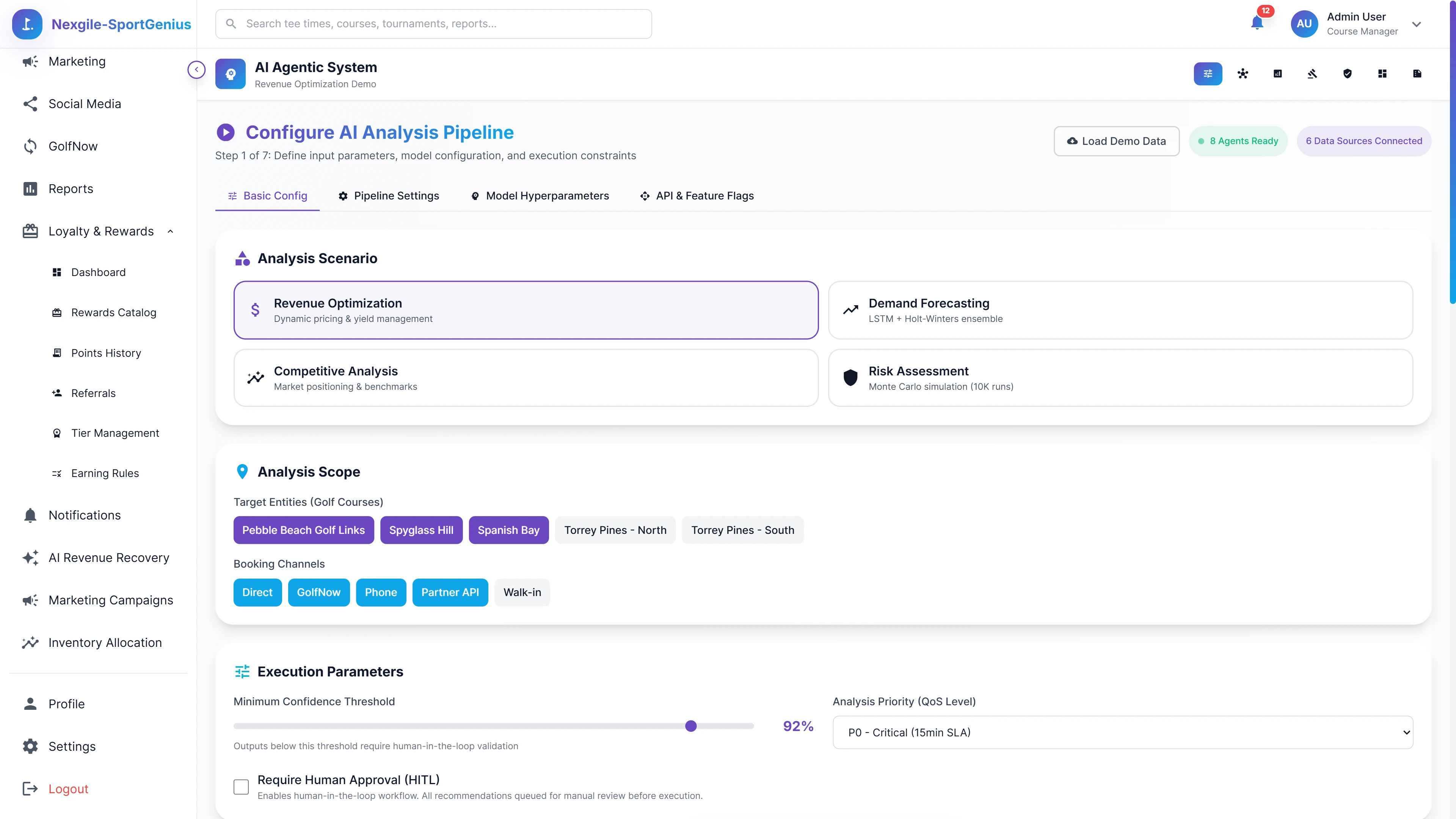 Input Configuration Screen - Define analysis scenarios, target entities, booking channels, and execution parameters with confidence thresholds