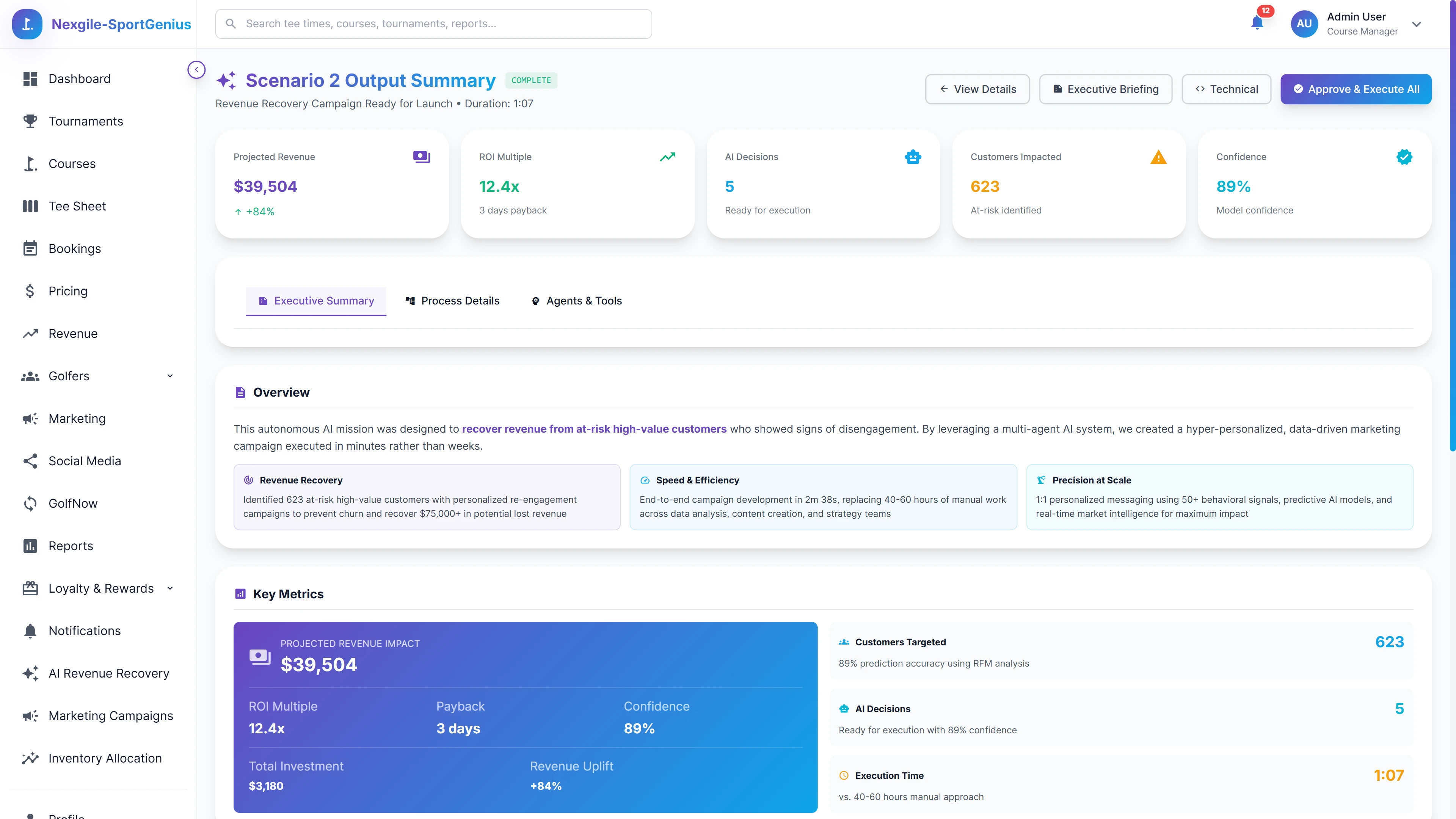 Executive Briefing - Campaign summary with projected revenue impact, ROI metrics, customer targeting, and key performance achievements