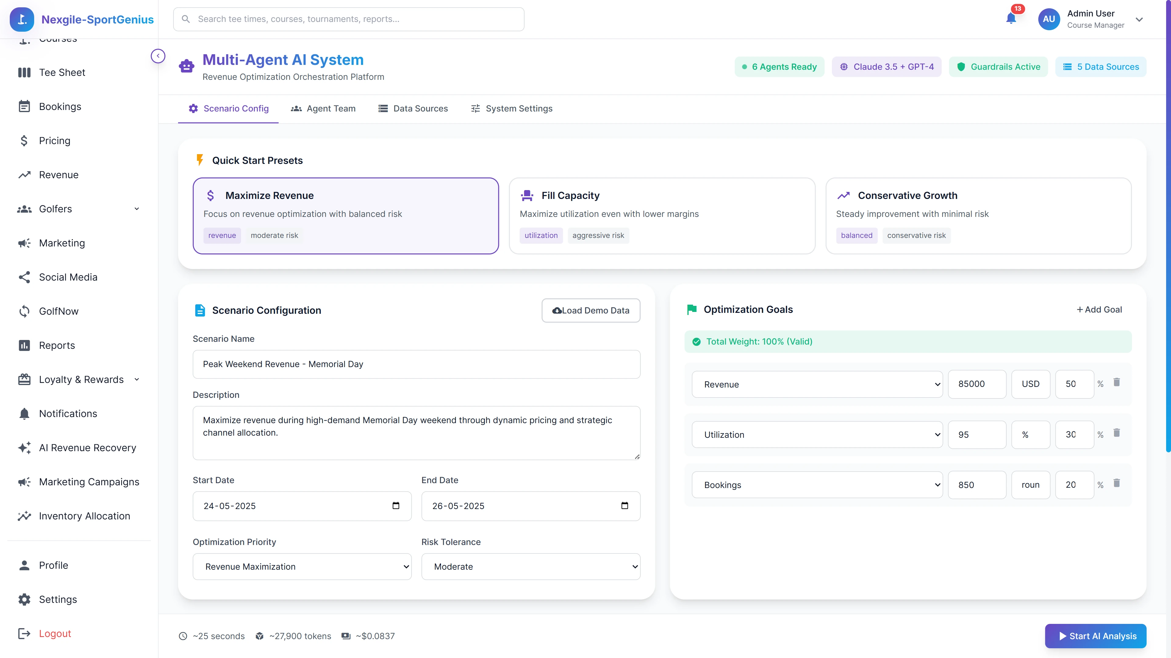 Scenario Configuration - Quick start presets and detailed optimization goal setup with weighted targets for revenue, utilization, and bookings