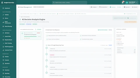 AI Decision Analysis Engine - Chain-of-thought reasoning trace showing observation, inference, hypothesis, verification, and conclusion steps with confidence scoring