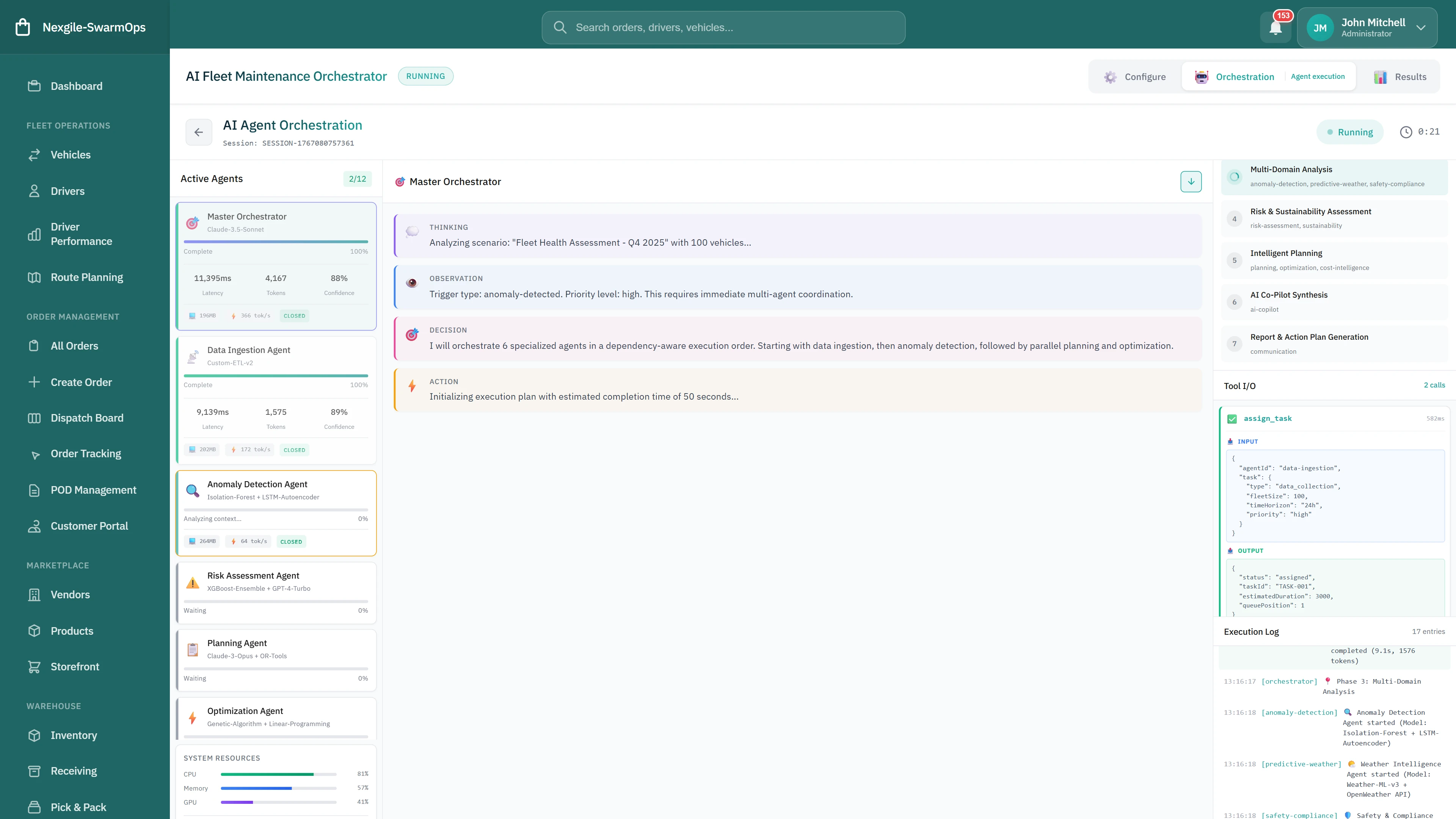 AI Agent Orchestration - Live execution view with active agents, Master Orchestrator analysis, and real-time execution logs