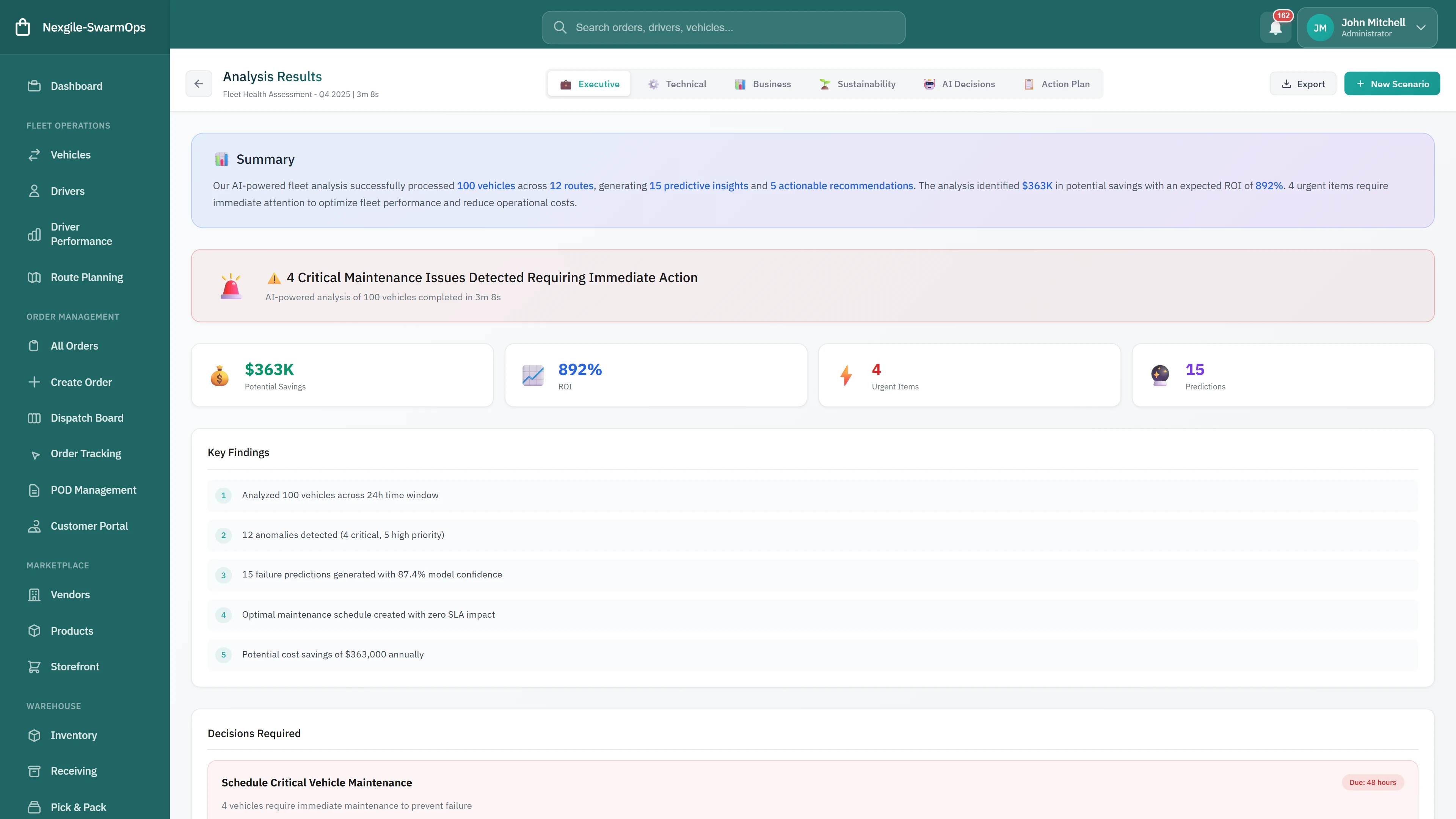 Analysis Results - Summary dashboard showing critical maintenance issues detected, potential savings of $363K, 892% ROI, and actionable key findings