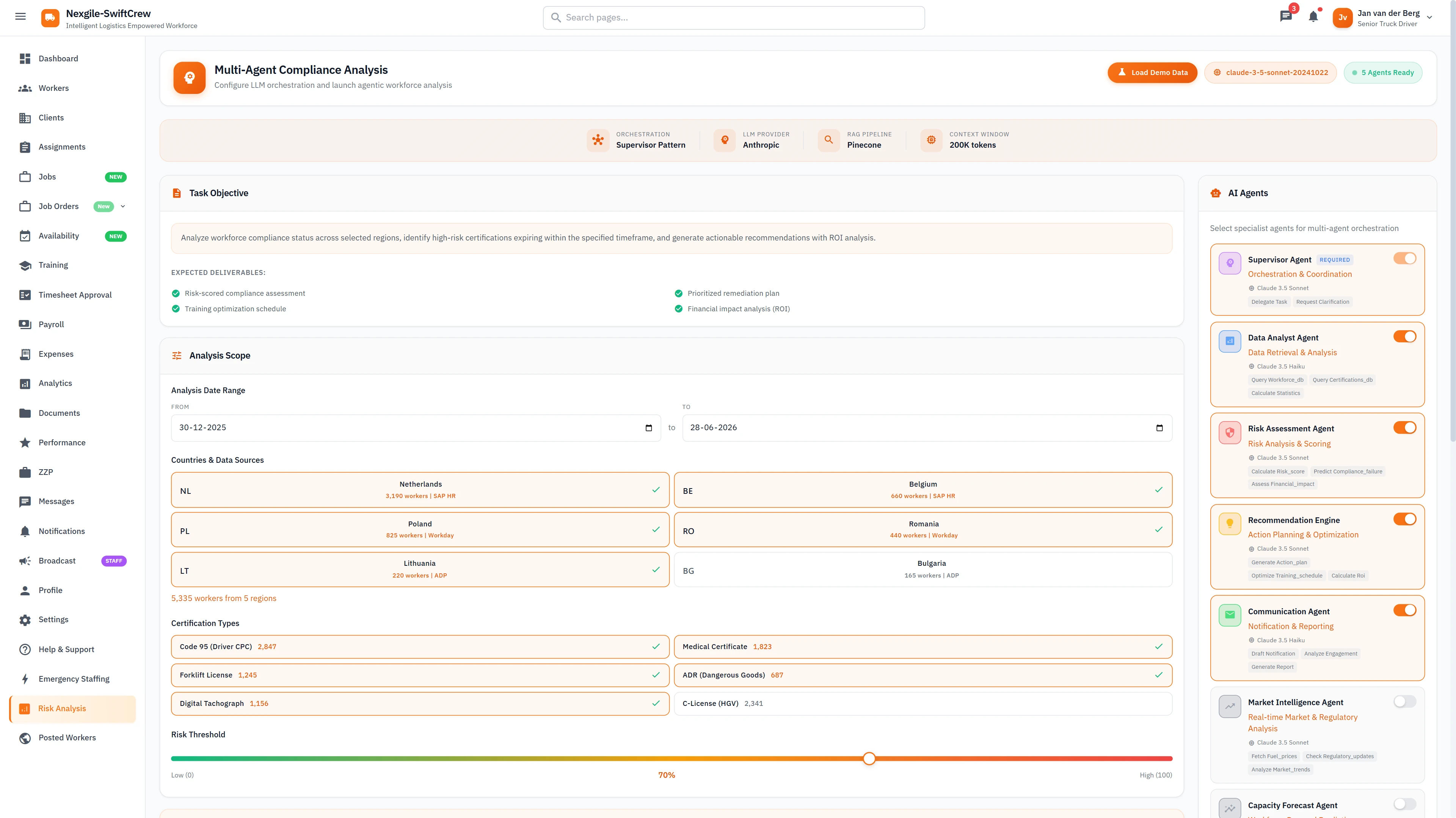 Multi-Agent Compliance Analysis Setup - Audit workflow configuration, data filters, certification types, and risk thresholds