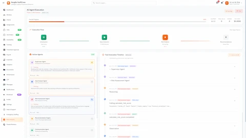AI Agent Execution Flow - Pipeline stages, active agents panel, and tool invocation timeline with LLM reasoning