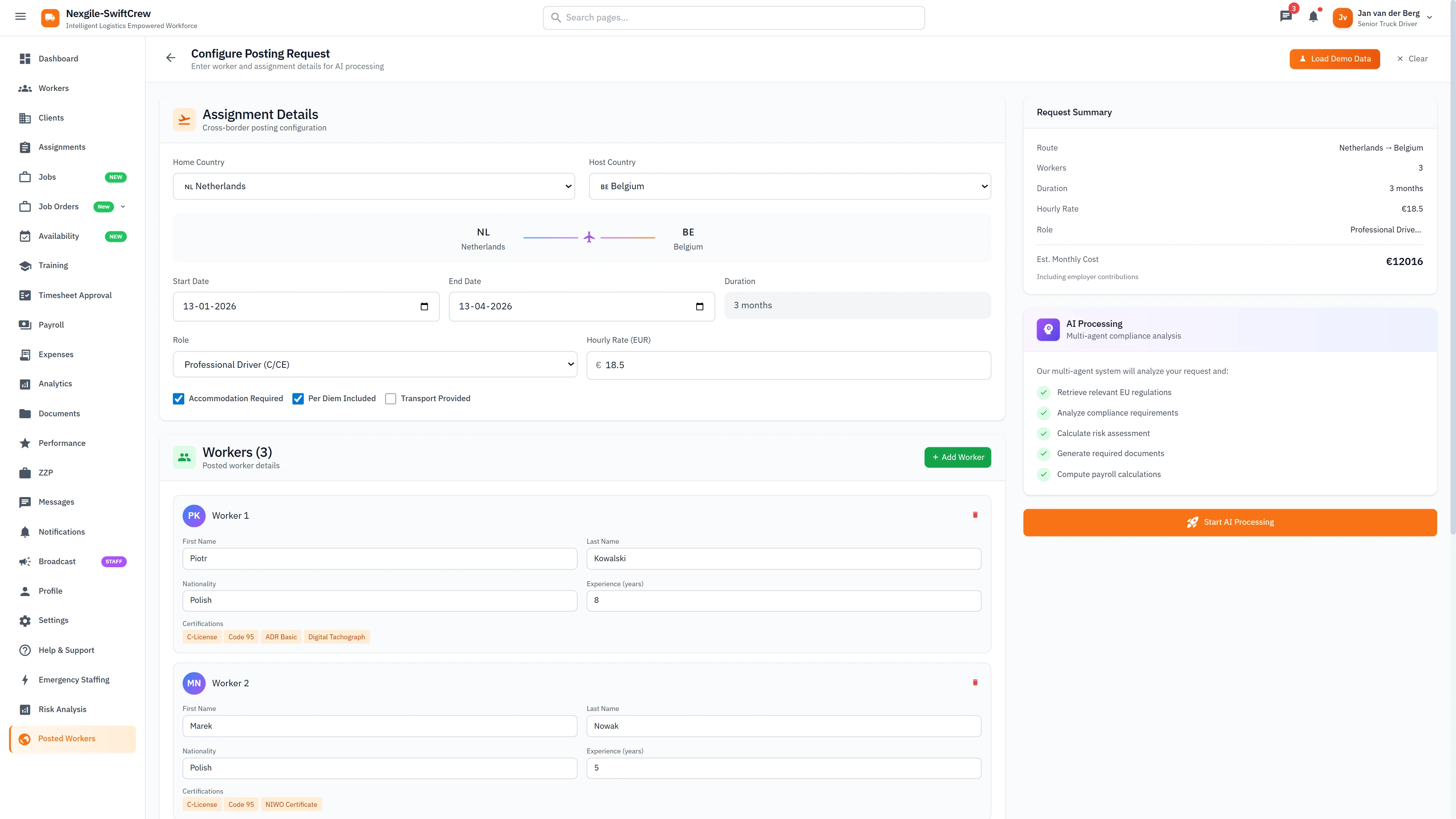 Configure Posting Request - Cross-border assignment setup with country routing, worker details, and cost estimation
