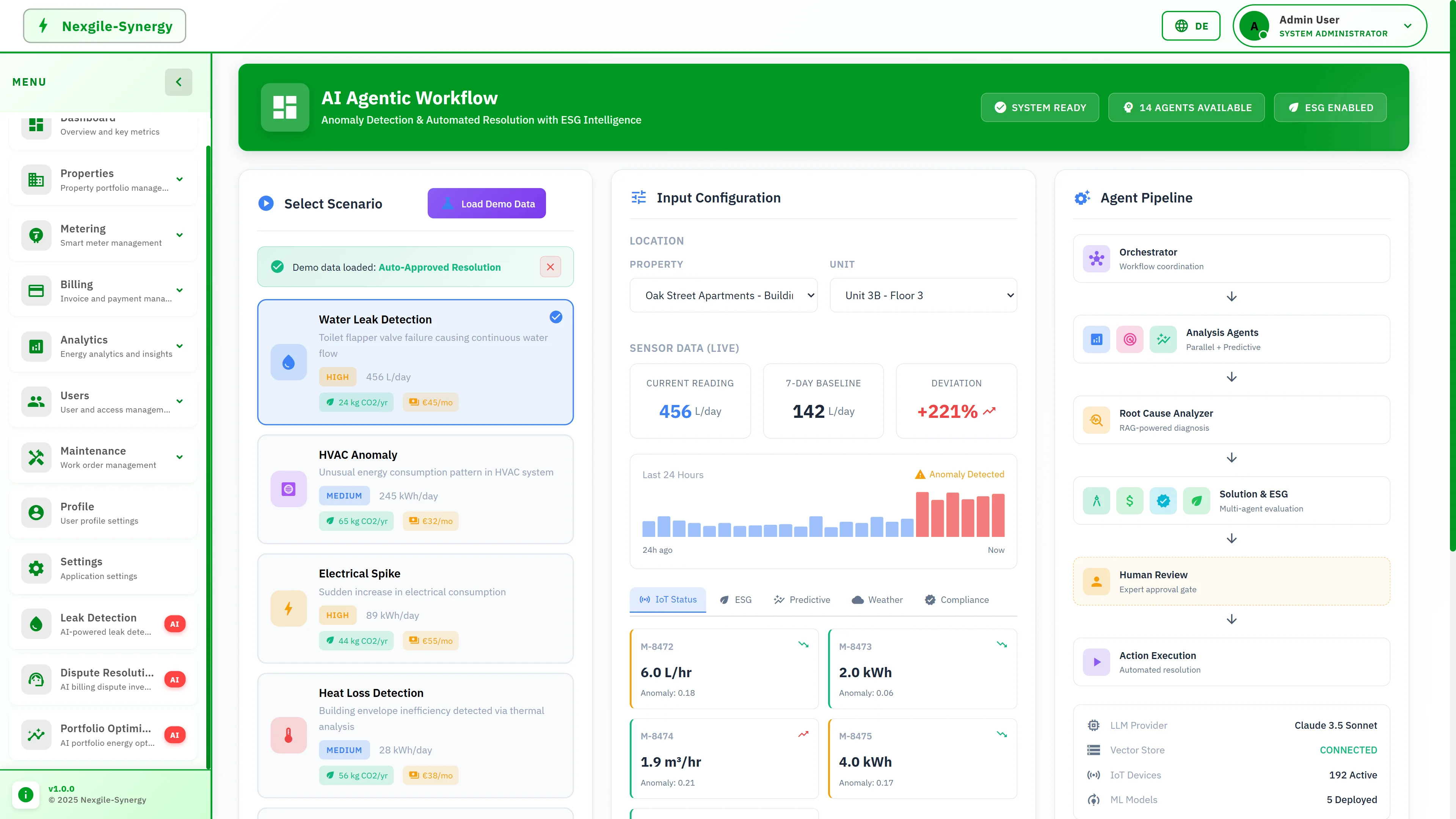 AI Agentic Workflow dashboard with scenario selection for anomaly types, live IoT sensor data showing consumption deviation, input configuration, and 14-agent pipeline visualization.