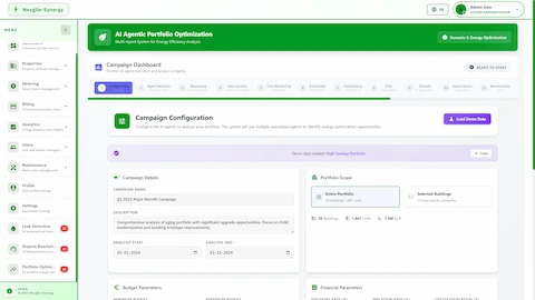Campaign Configuration dashboard showing 11-step workflow progress, Q1 2025 retrofit campaign details, portfolio scope with 20 buildings and 1,847 units, and budget parameters.