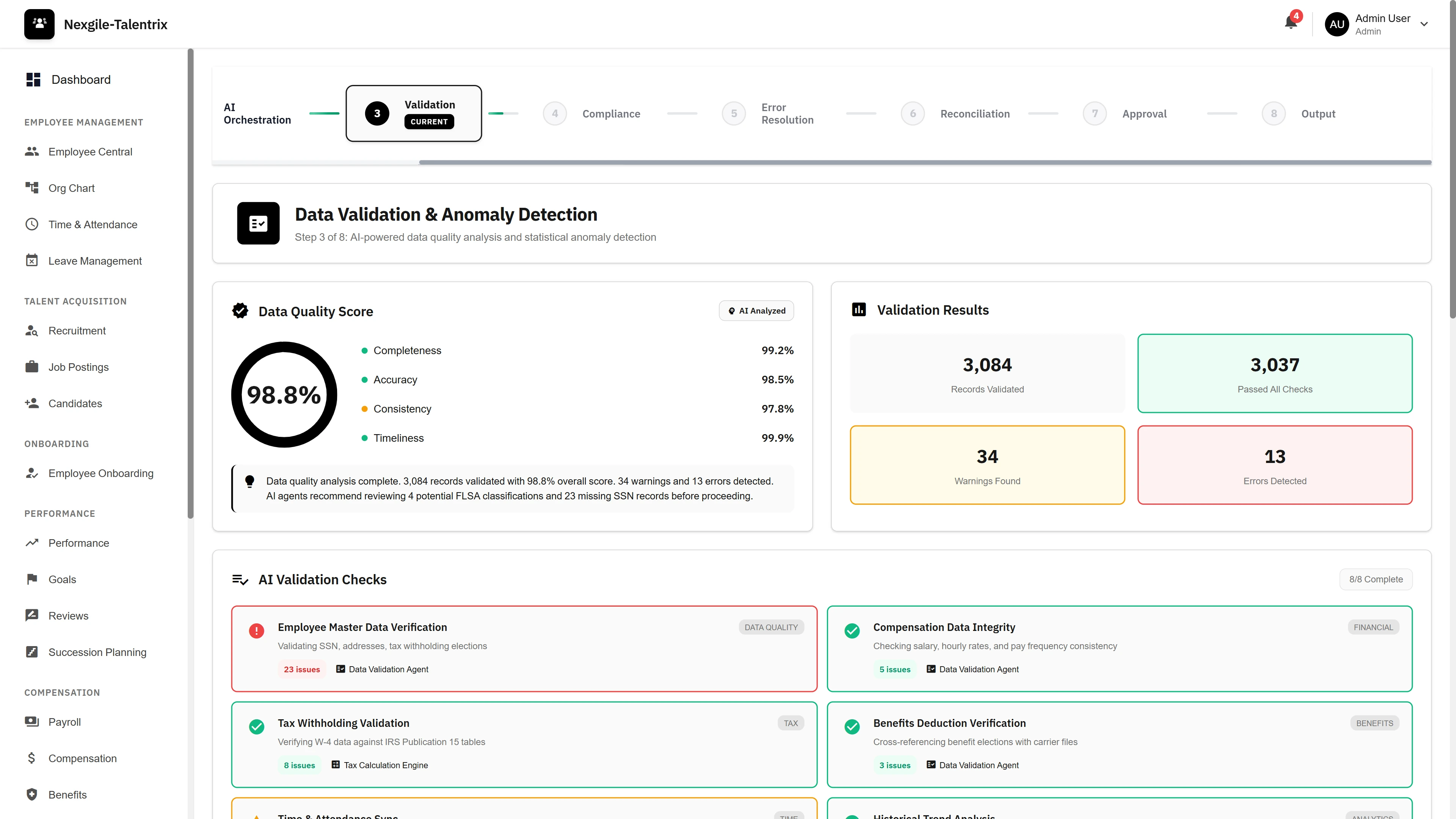Data Validation & Anomaly Detection - 98.8% data quality score with completeness, accuracy, consistency metrics and AI validation checks for SSN, compensation, tax withholding, and benefits