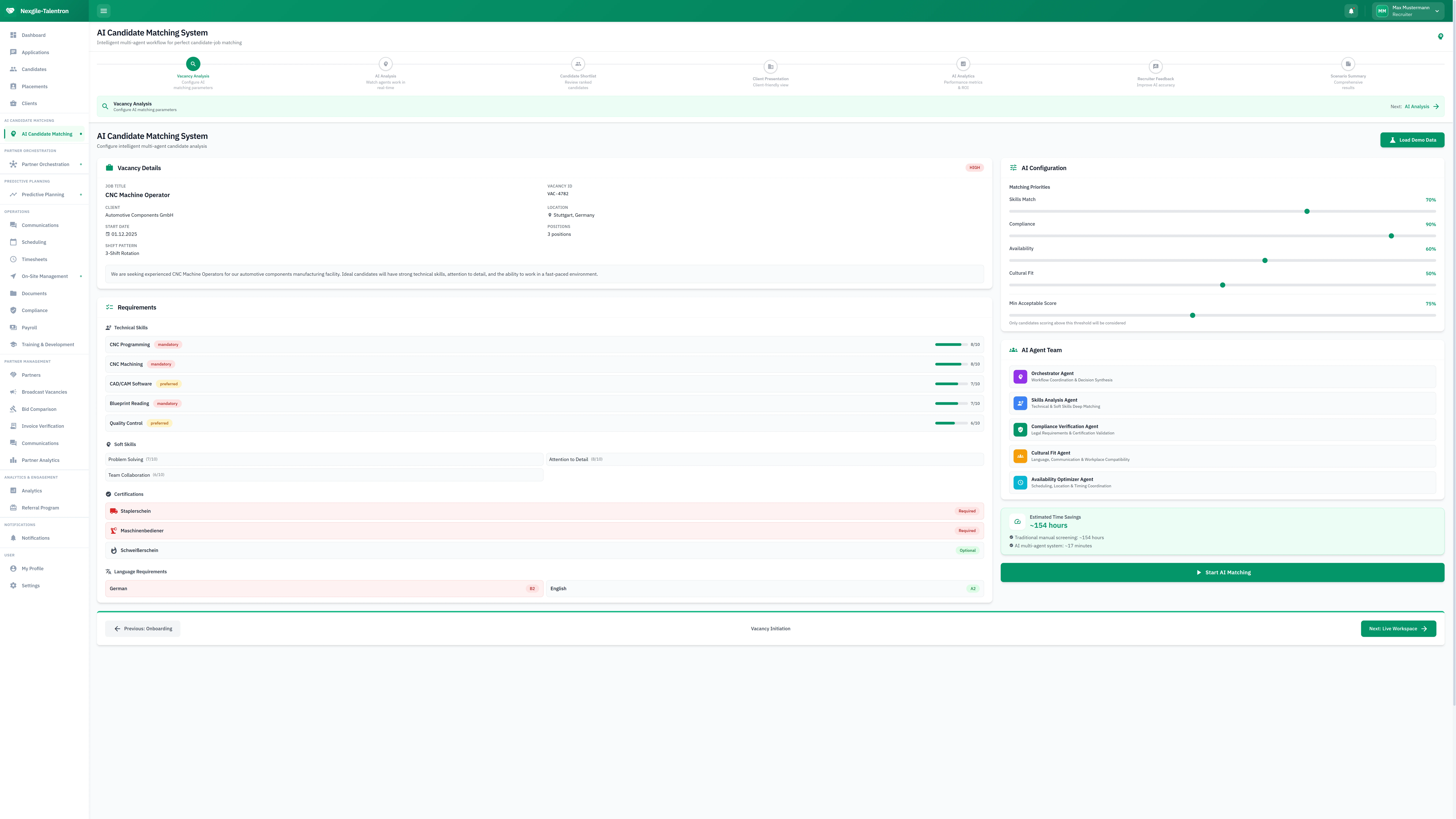 Vacancy Analysis Configuration - Job requirements setup with AI agent selection and candidate matching criteria