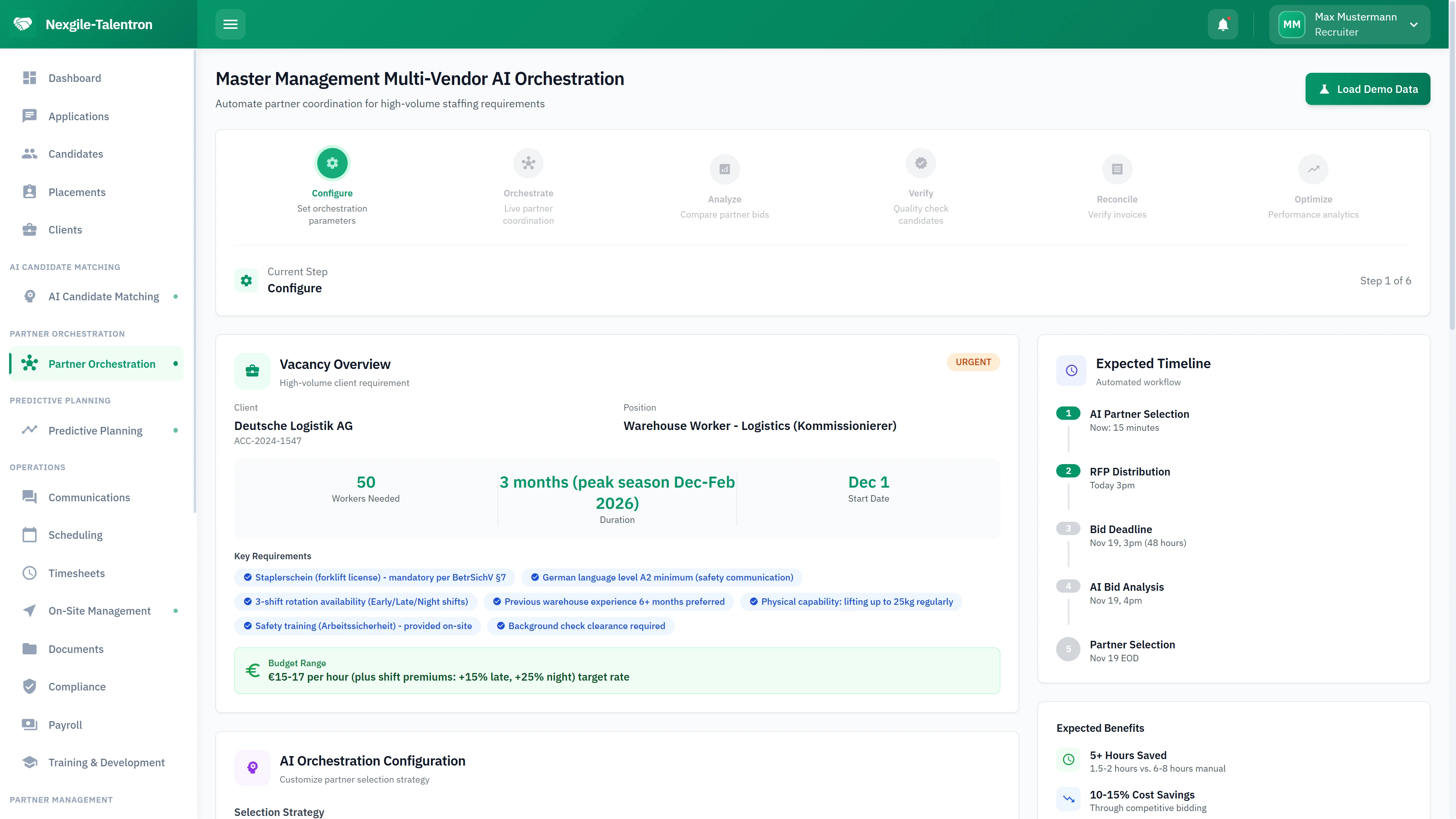 Vacancy Overview Configuration - Partner selection timeline, staffing requirements, and orchestration settings