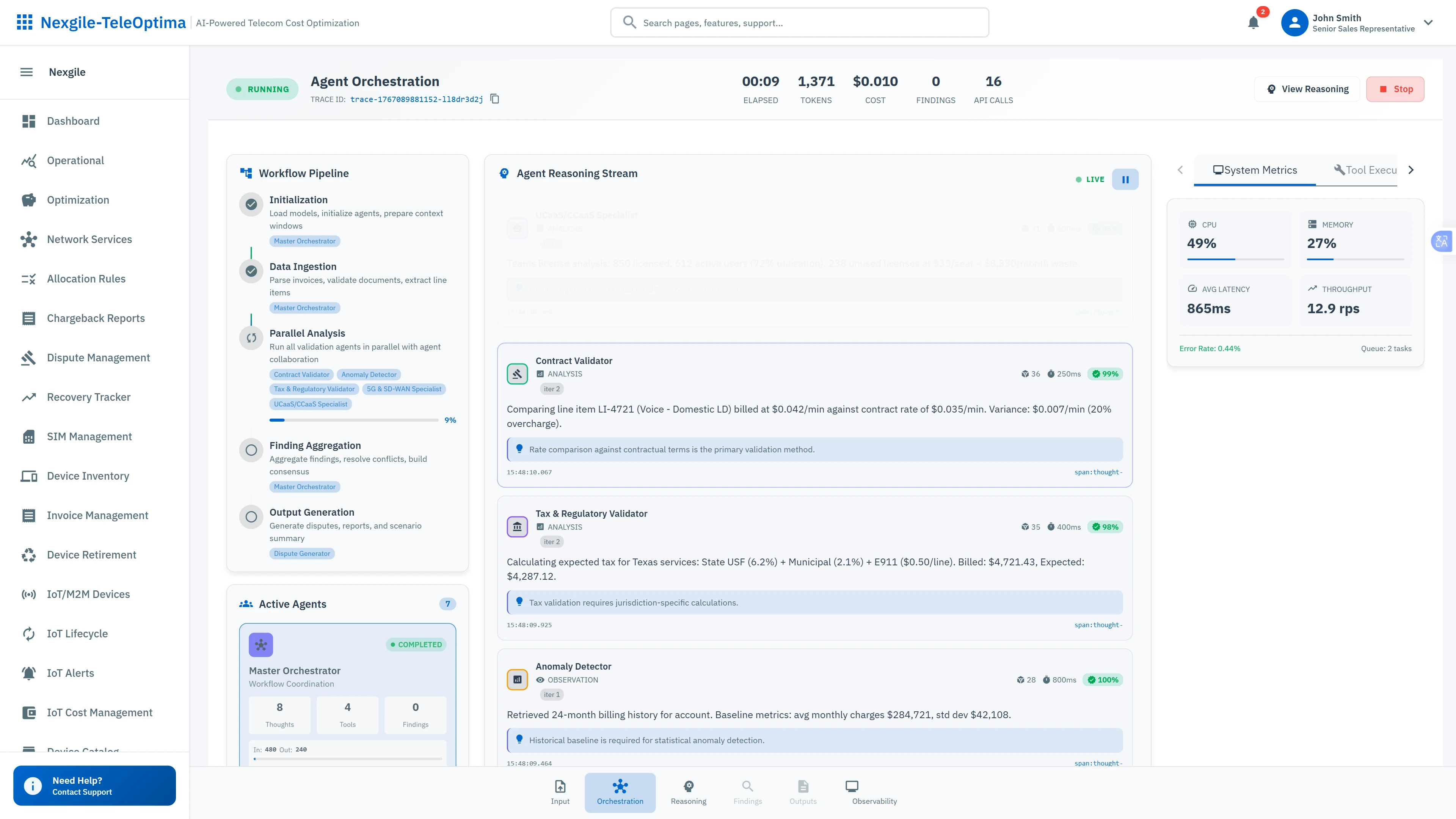 Live Agent Orchestration - Real-time multi-agent collaboration with reasoning streams and system performance metrics