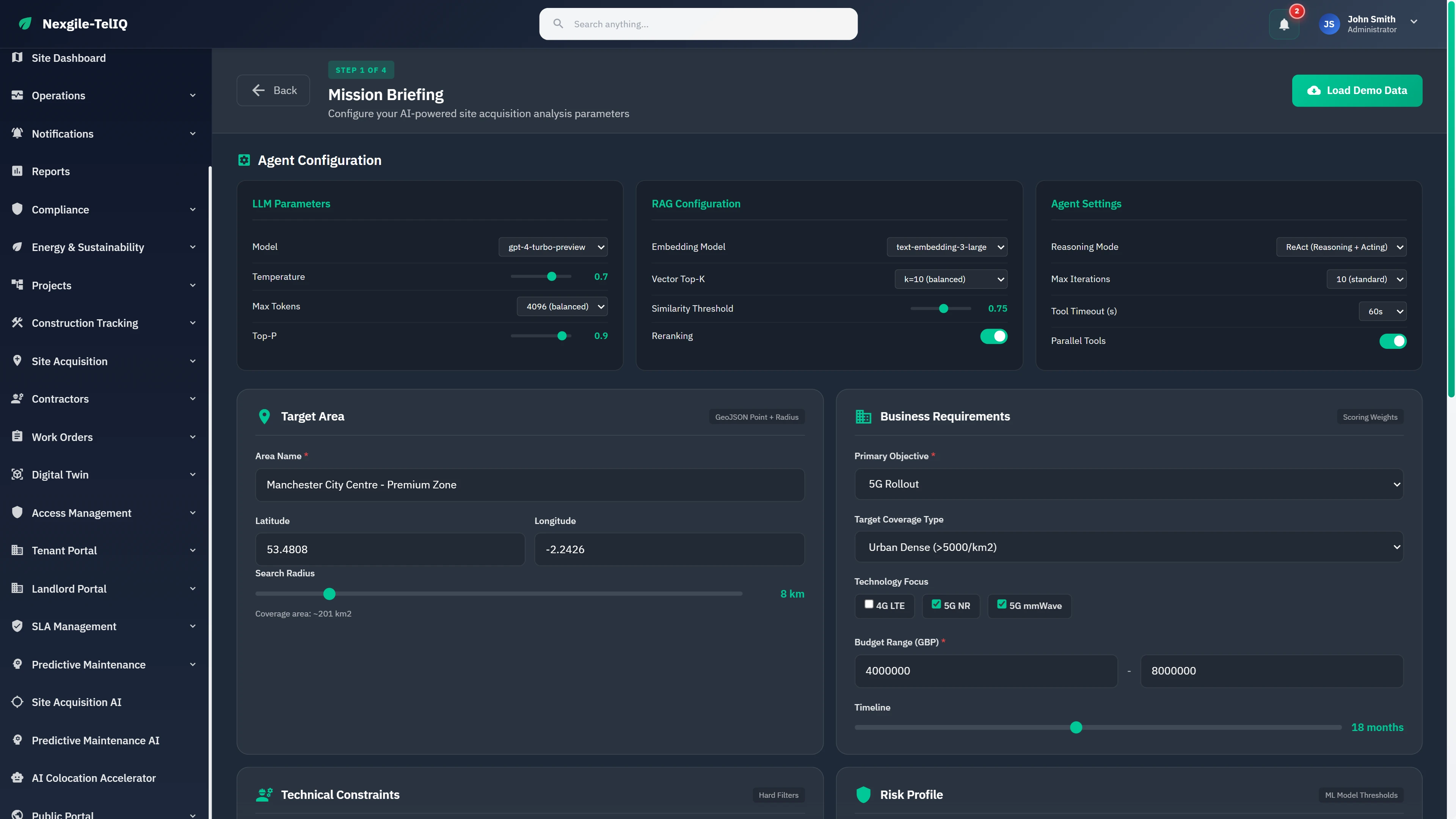 Mission Briefing configuration interface with AI model parameters, target area selection, and business requirements setup