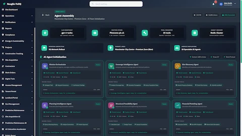 Agent Assembly initialization showing 10 specialized AI agents with system status, bound tools, and model configurations