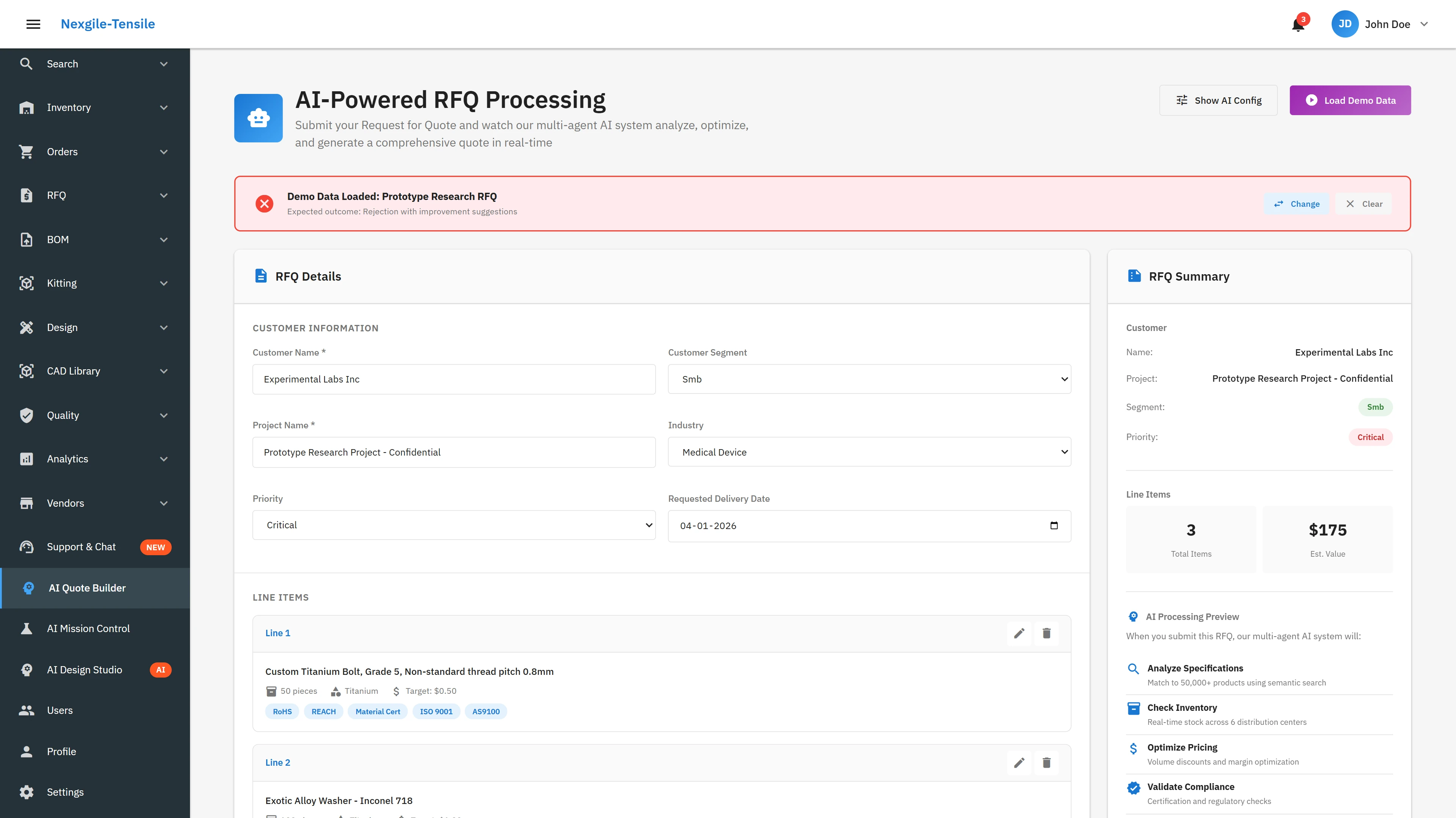 RFQ Processing Dashboard - Overview of multi-agent RFQ workflow and processing status