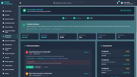 AI Analysis Results - Executive summary with savings projections, AI recommendations, and generated purchase orders