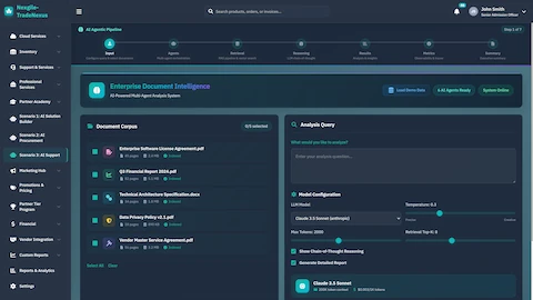 Enterprise Document Intelligence - Document corpus selection, analysis query input, and LLM model configuration panel