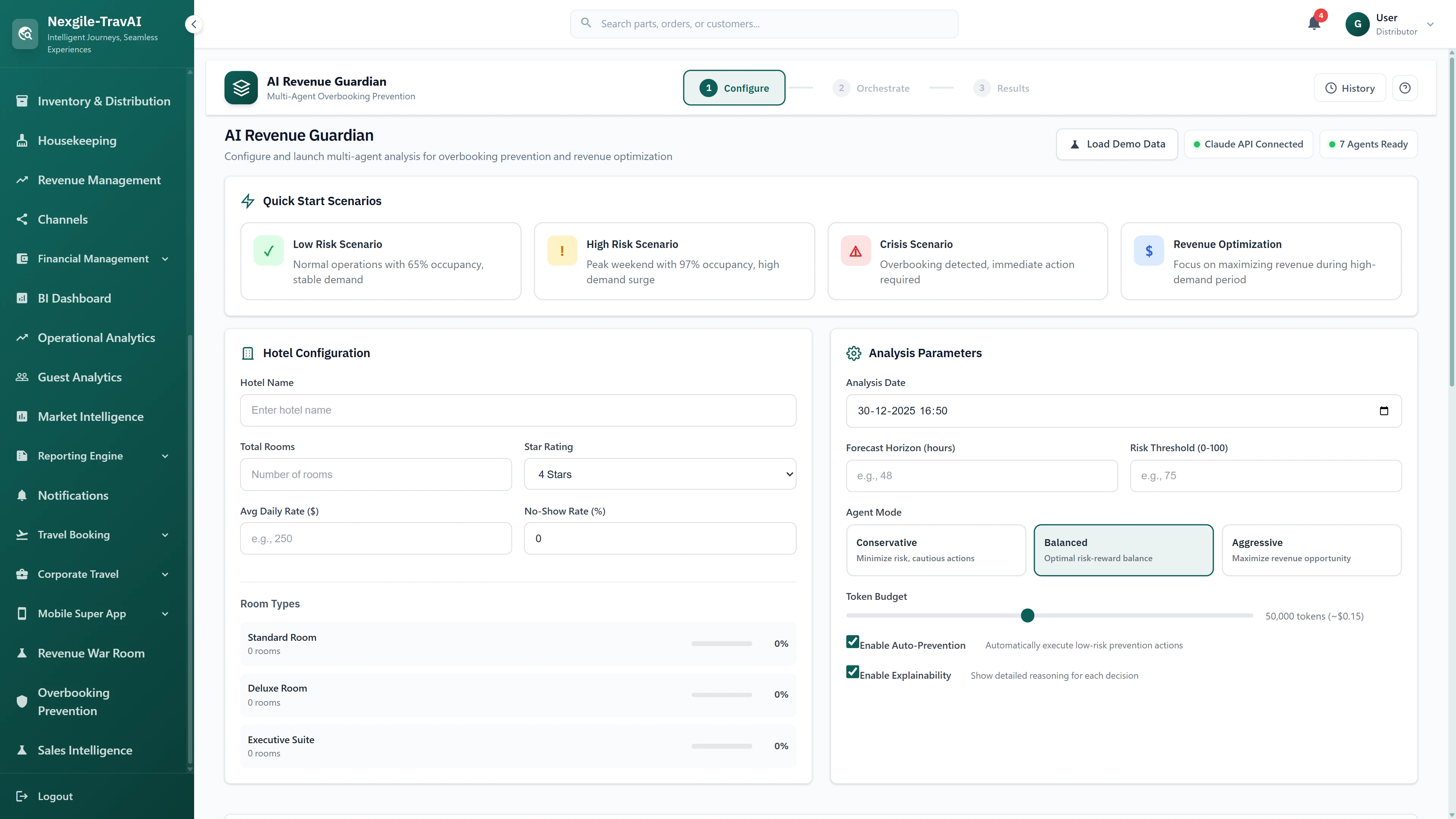Configuration page with Quick Start Scenarios, hotel setup form, analysis parameters, and agent mode selection (Conservative/Balanced/Aggressive).