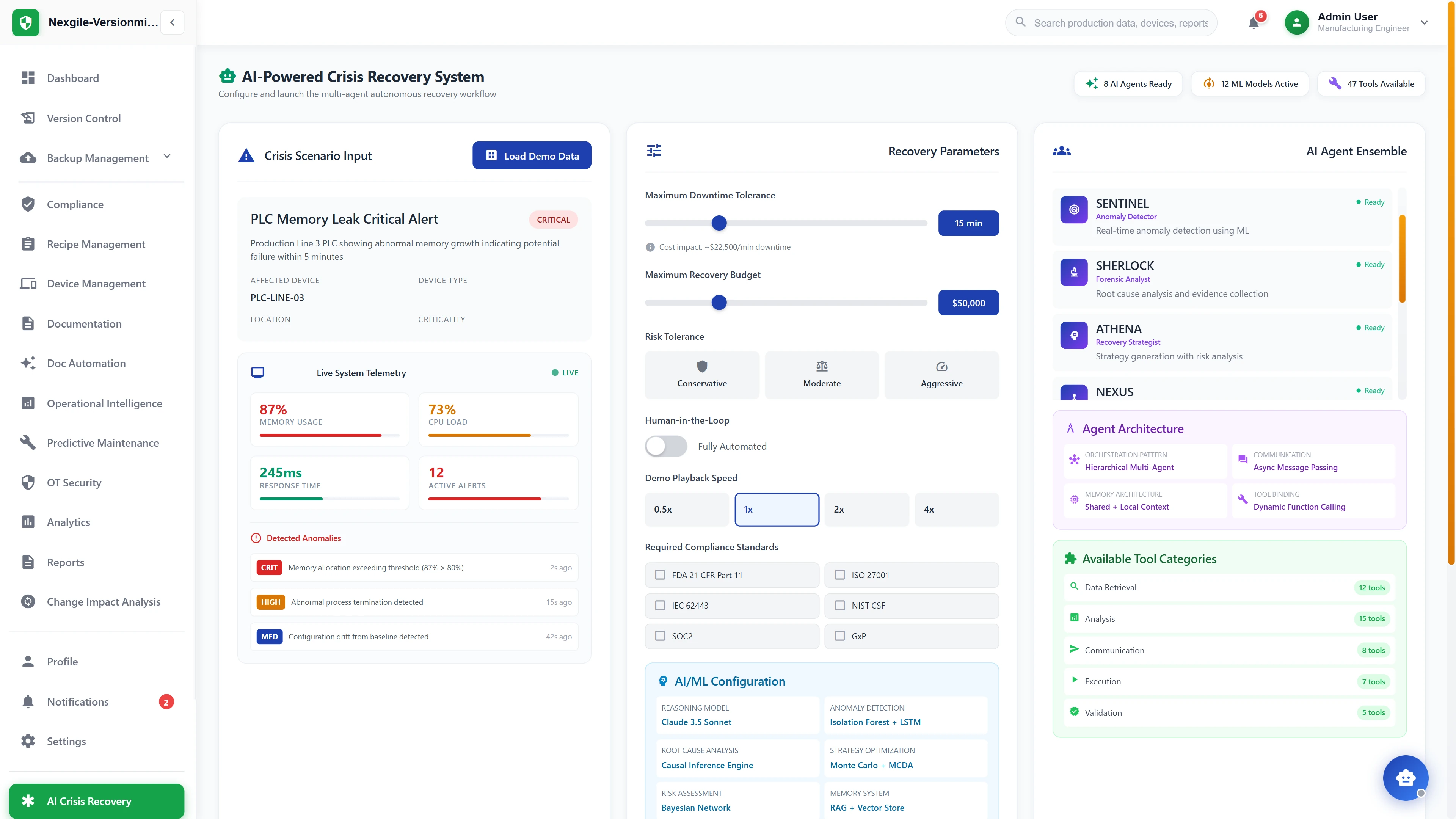 Crisis recovery configuration interface displaying PLC memory leak scenario with live telemetry, 8-agent ensemble, and compliance parameters