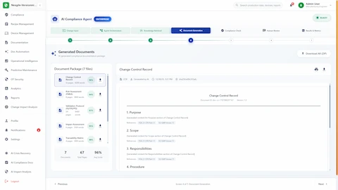 Document generation package displaying 7 AI-generated compliance documents totaling 67 pages with 96% average quality score