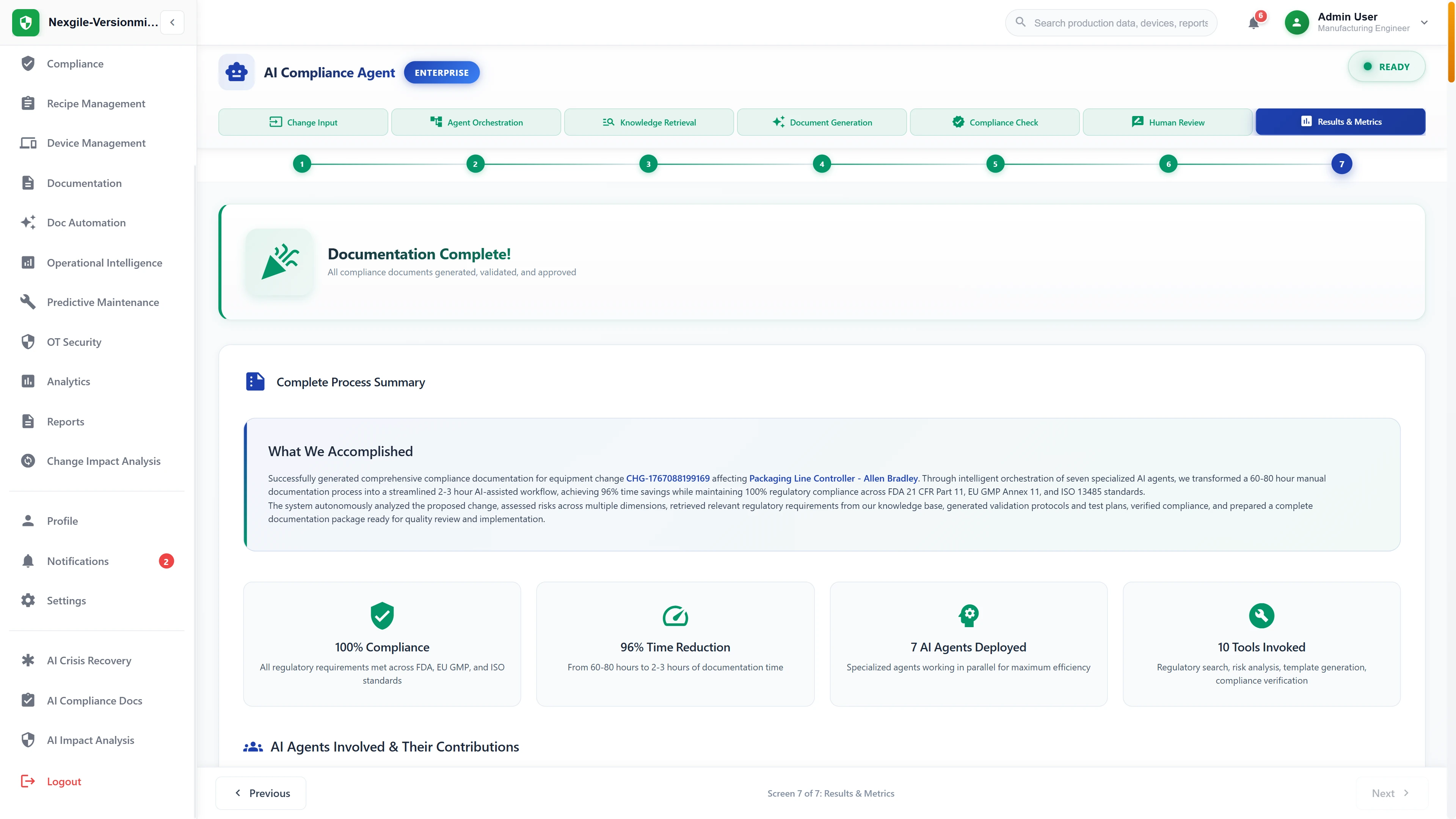 Completion summary showing 96% time reduction (60-80 hours to 2-3 hours) and 100% regulatory compliance achievement