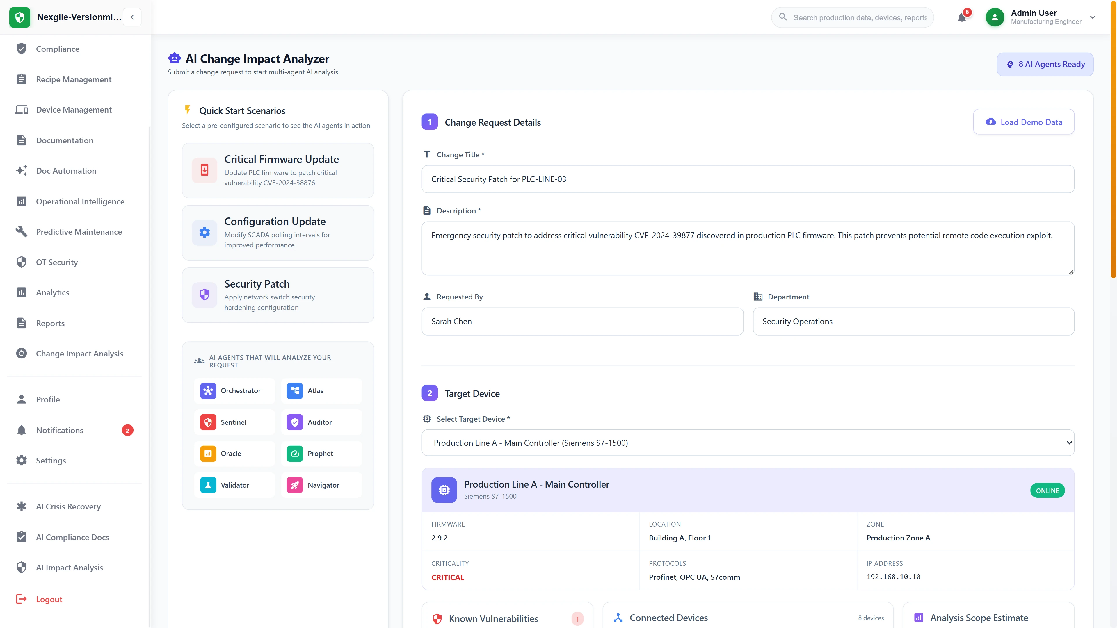 Change request submission interface for critical security patch analysis with device details, vulnerability data, and 11-agent ensemble