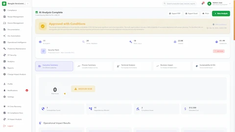 Comprehensive analysis results with approval decision, risk assessment, and multi-dimensional impact reports for stakeholder review