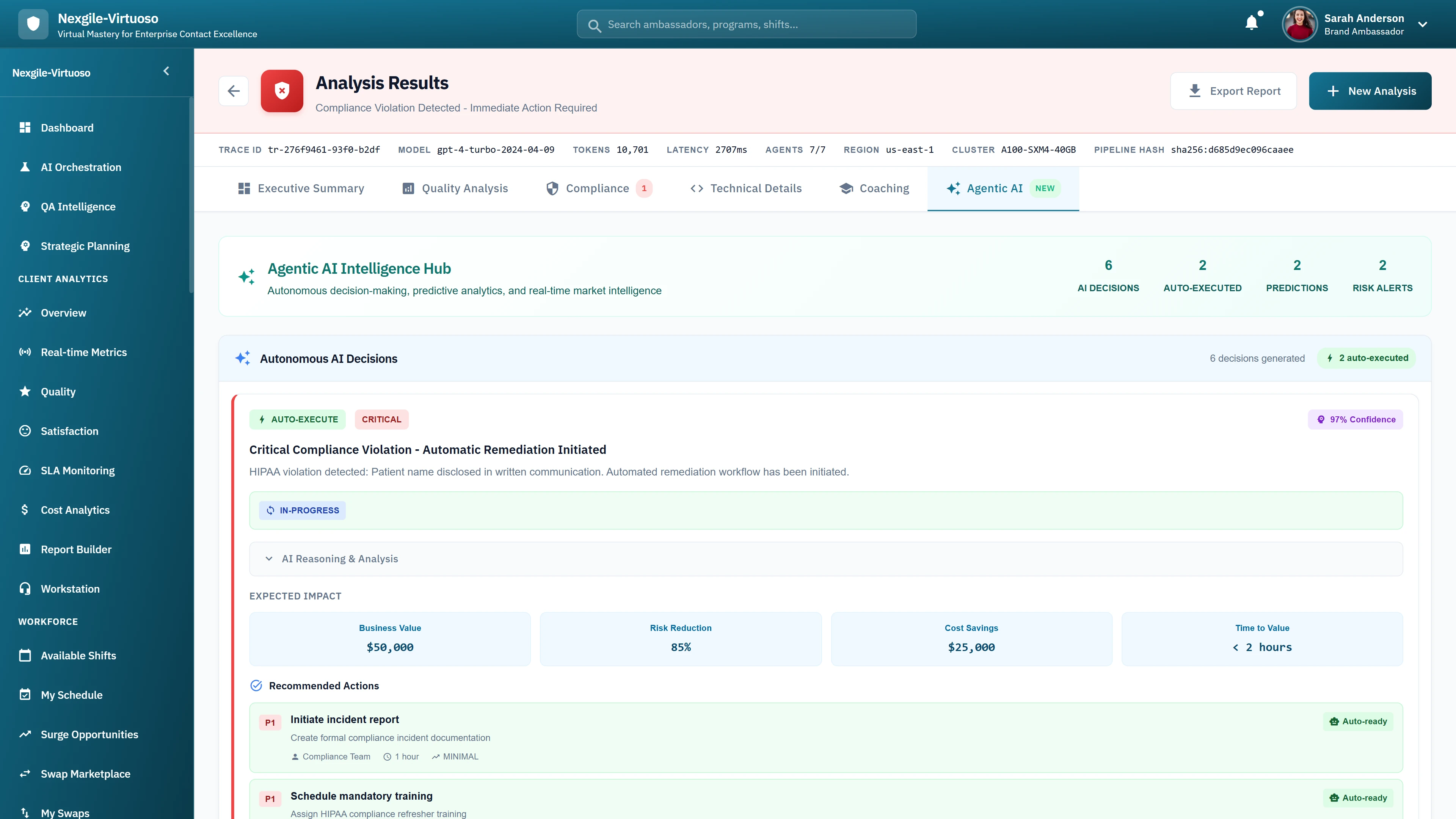 Agentic AI Intelligence Hub - Autonomous AI Decisions with Critical Compliance Violation auto-remediation, Expected Impact metrics, and Recommended Actions for incident reporting and mandatory training
