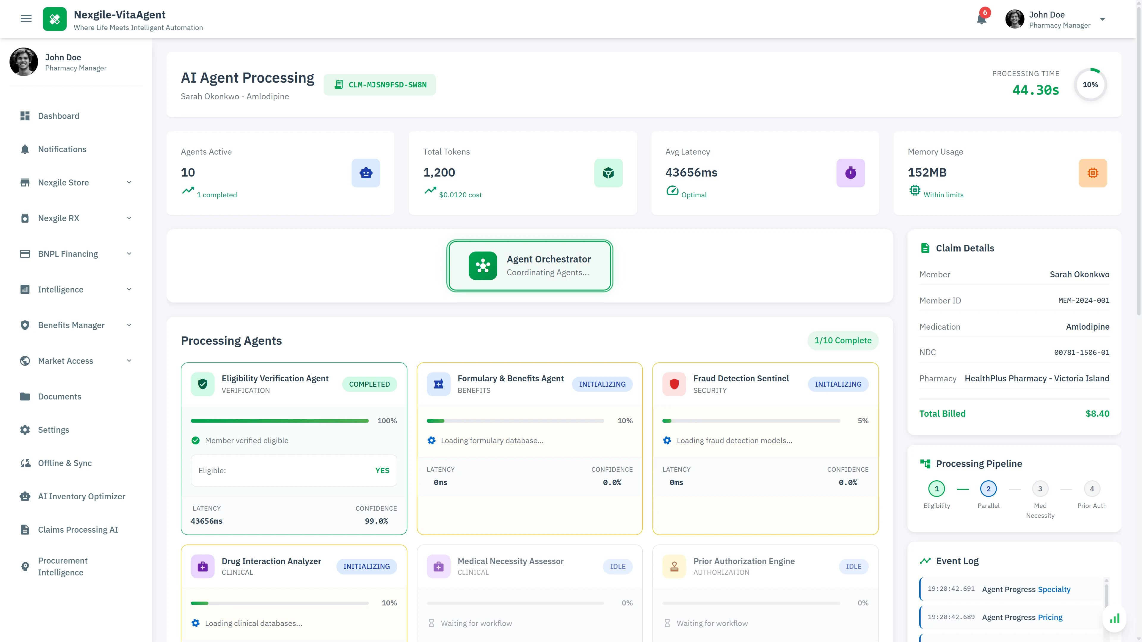 Real-Time Processing - Live agent orchestration showing 10 agents processing in parallel with status tracking, processing pipeline visualization, and event log