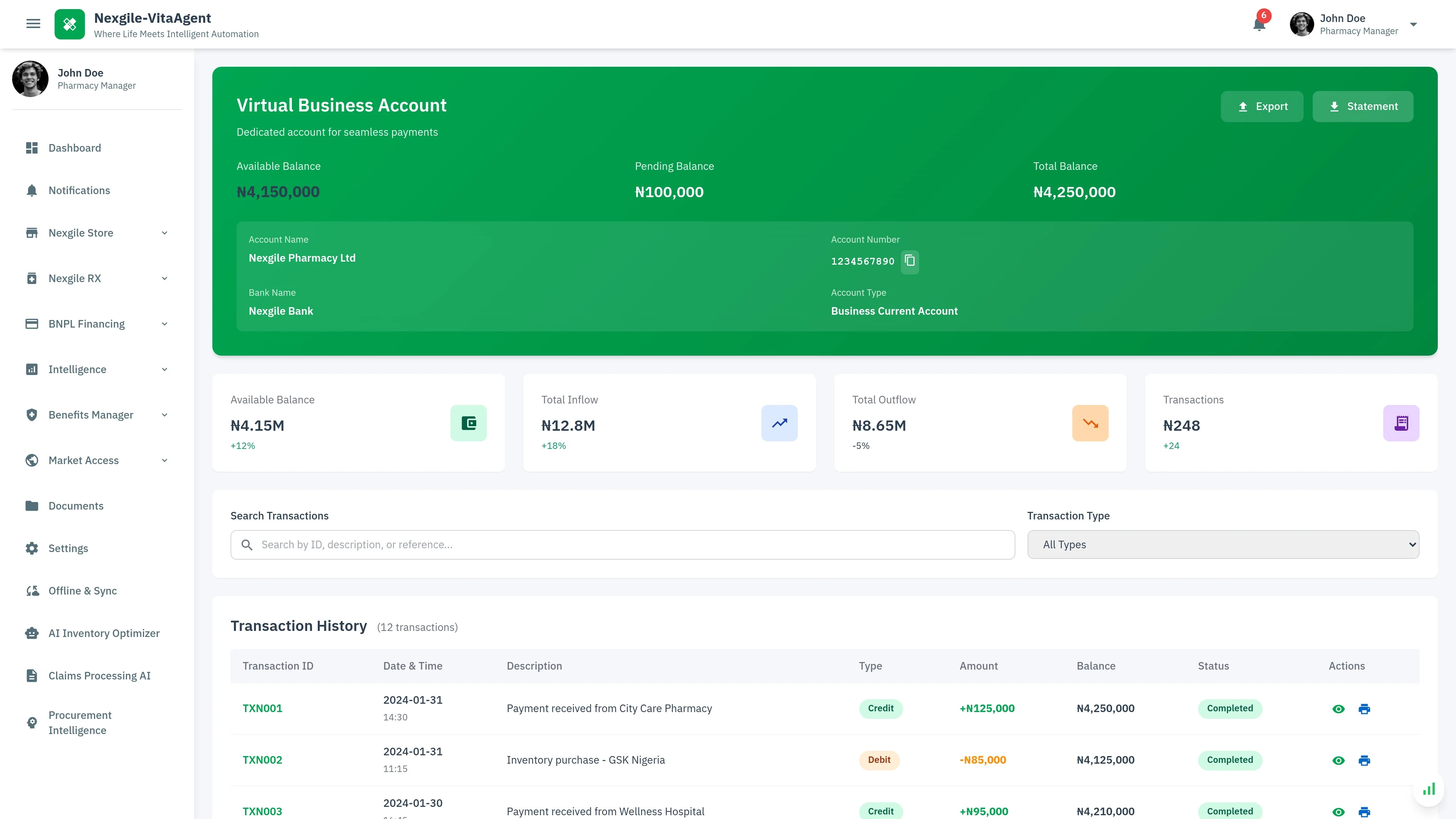 Nexgile RX Virtual Account Management Interface