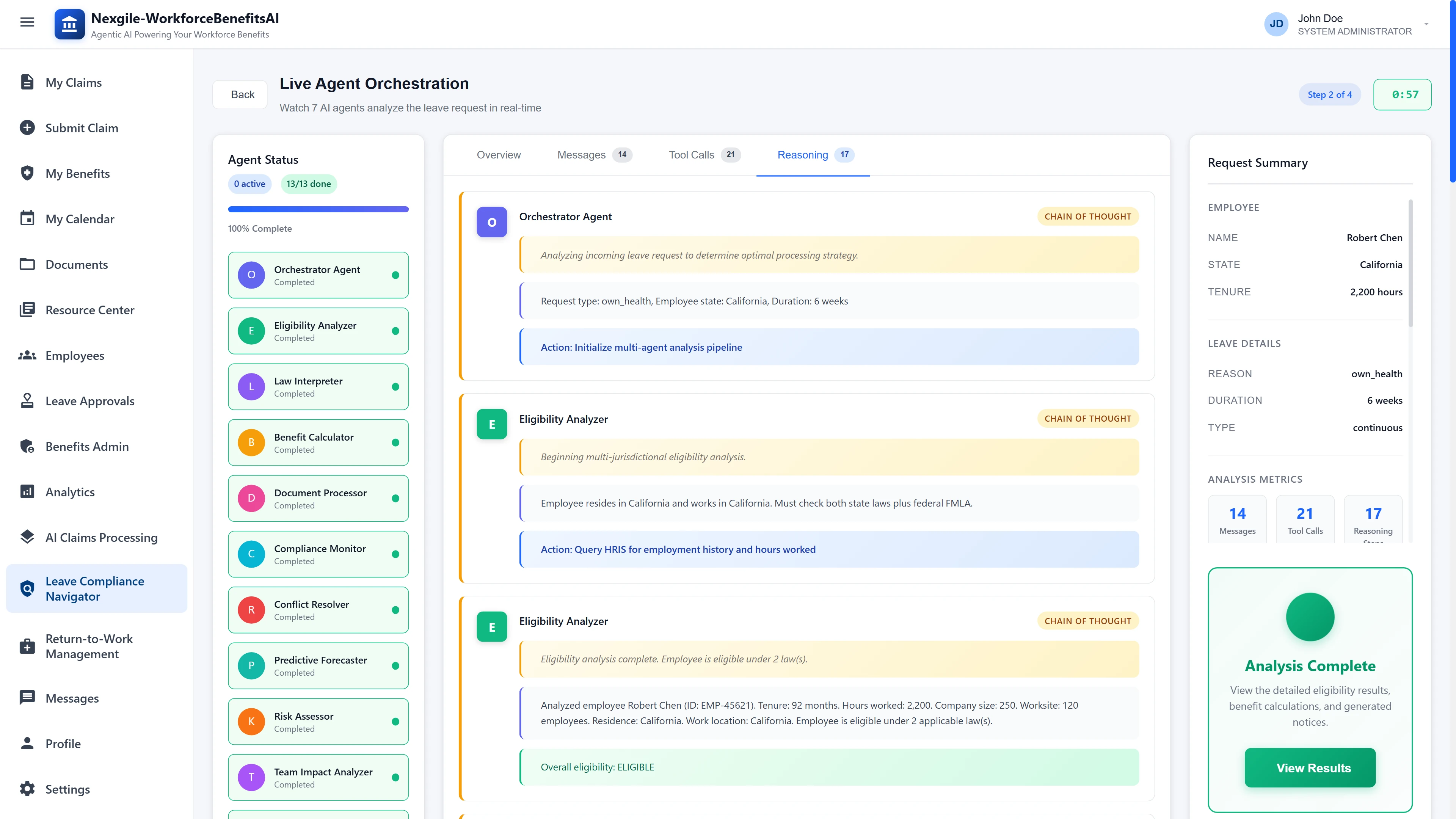 Chain of Thought Reasoning View - Detailed reasoning trace showing agent thought processes, multi-jurisdictional eligibility analysis for California state and federal FMLA laws, and HRIS query actions with 100% completion status