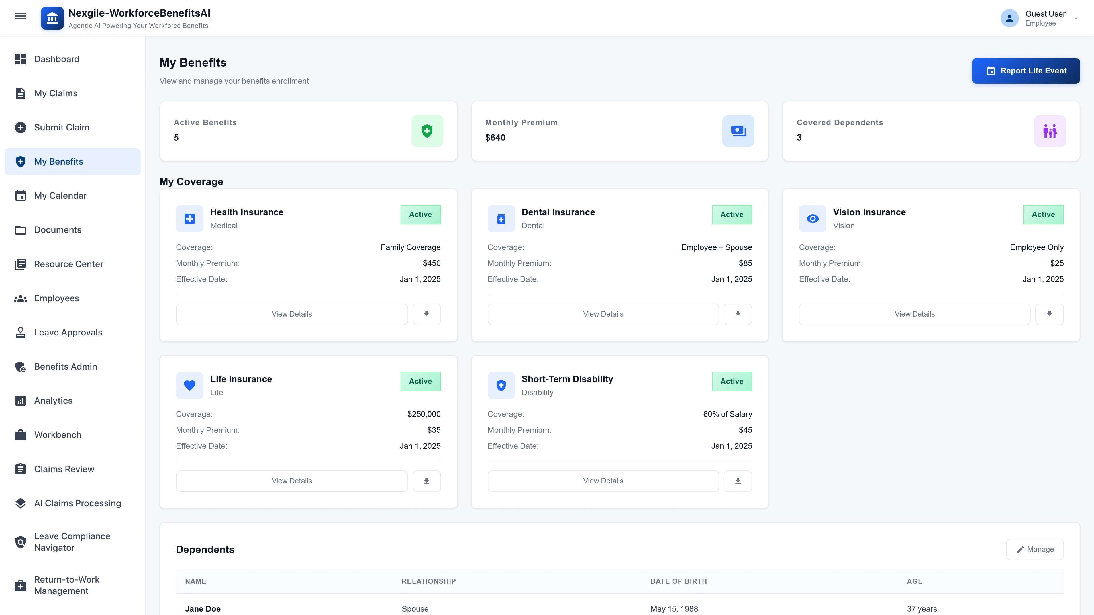 My Benefits page - Employee benefits overview and management interface